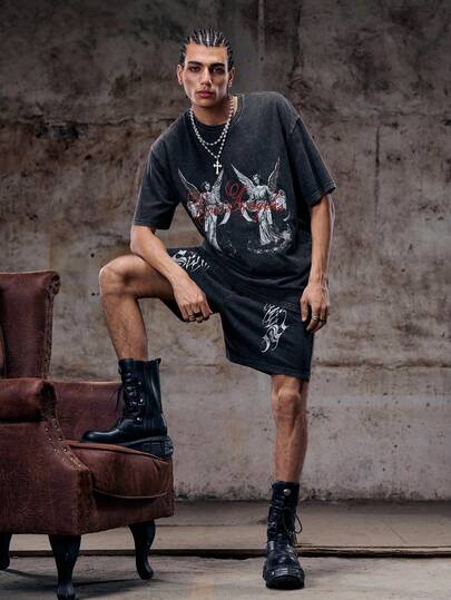 Skyrend 男士天使雕像和洛杉矶圣徒队标语图案T恤，美式街头风T恤短裤套装，2件套