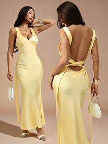 SHEIN PETITE Sexy Minimalist Solid Color Yellow/Cream Deep V-Neck Sleeveless Backless Tie Maxi Dress, Suitable For Party, Cocktail, Formal Occasions, Bridesmaid, Birthday, Christmas, Business Casual Open Back Dresses Yellow Wedding Guest Dress,Dresses For Women Elegant - Yellow - View 1
