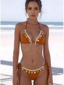 Swim Vcay Women's Vacation Patchwork Woven Strap Seashell Decor Textured Fabric Tie-Up Bikini Set - Brown - View 1