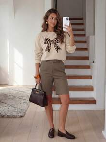 Easowa Women's Casual Leopard Print Bow Graphic Round Neck Loose Fit Long Sleeve Sweatshirt,Casual - Multicolor - View 3