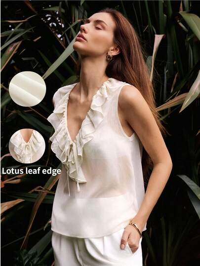 Maija Áo tank top không tay màu mơ với viền bèo nhún, chất liệu mỏng nhẹ, thích hợp cho đám cưới và phong cách thành thị.