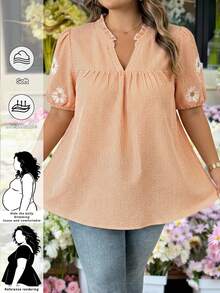 SHEIN CURVE+ Plus Size Women Striped Daisy Print Ruffle Hem Patchwork Blouse - Orange - View 6