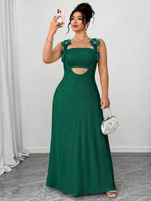 Elenzga 大码褶皱纹理针织面料肩带3D立体花卉装饰粗肩带长款连衣裙+修身短款吊带背心两件套，优雅适合外出、约会、派对、度假、下午茶等场合。 - 墨綠色 - 查看 5