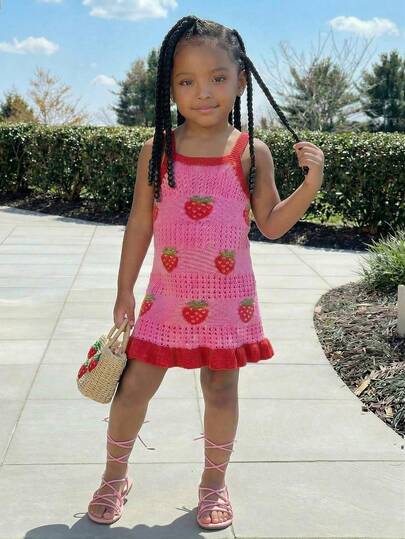 SHEIN 年轻女孩休闲度假钩针编织紫红色海星连衣裙