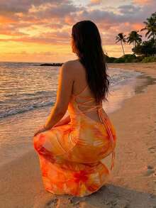 Veykashi 大码女士优雅夏威夷风情印花露背连衣裙，夏季沙滩装，女士海滩度假装，波西米亚热带度假套装 - 橘色 - 查看 4