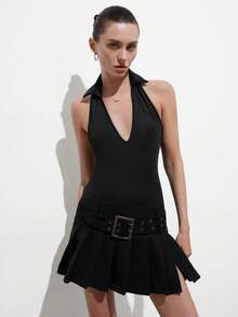 Aveloria Modichic Women Chic Black Summer Sleeveless Halter Dress,Deep V-Neck Lapel Tight Fit Short Pleated Skirt With Belt,Club Sporty Fashionable Versatile Mini Dress - Black - View 4