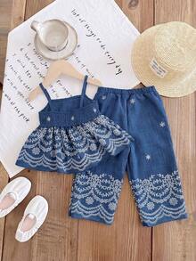 SHEIN LMoss Kids 女婴夏季休闲度假花卉刺绣吊带娃娃衫和阔腿裤套装 - 彩色 - 查看 2