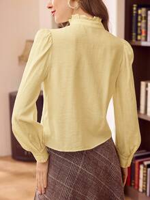 Vintamour 复古经典优雅女士衬衫，秋冬修身领结衬衫，纽扣衬衫，米色长袖衬衫 - 淡黃色 - 查看 2