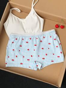 Comfortcana Pantaloni scurți casual cu imprimeu de cireșe în carouri pentru femei - Multicolor - Vizualizare 5