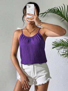 LUMIGAL Women's Summer Minimalist Solid Color Pleated Loose Camisole - Violet Purple - View 5