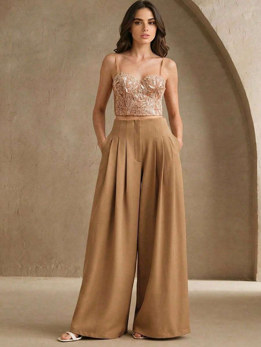 Anewsta 女士春季时尚高腰褶皱阔腿宽松垂坠西装裤 - 卡其色 - 查看 1