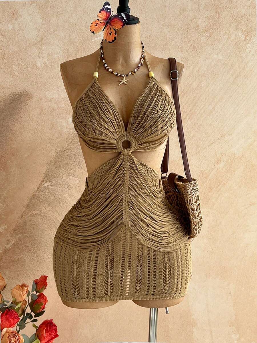 Soleia Vestido de punto mini con escote halter y espalda descubierta para vacaciones y playa - Albaricoque - Ver 1