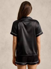 对比色滚边衬衫和短裤睡衣套装/睡衣套装 - 黑色 - 查看 2
