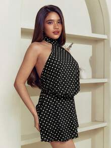 Criza Taa Vestido de fiesta elegante de mujer con estampado de lunares y espalda descubierta - Negro - Ver 5