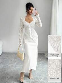 Modelyn 女式方领蕾丝拼接纽扣腰身修身中长连衣裙 - 白色 - 查看 5