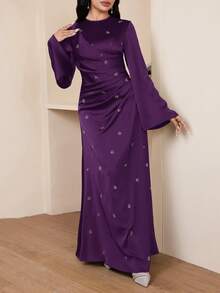 Veilorie Women's Round Neck Raglan Flare Sleeve Pleated Elegant Dress - Purple - View 7