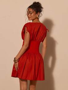 COSMINA Women's Elegant Ruched Waist Ruched Mini Dress, Versatile For Commute, Office, Outing, Daily Wear, Spring - Red - View 2