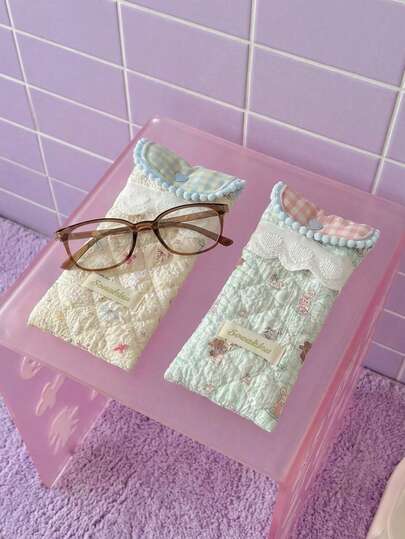 Joivida 1pc Quilted Glasses Pouch With Bow, Star & Cat Print, Reversible Gingham Flap & Pom-Pom, Travel Eyewear Case For Home Office, Gift For Women Men Friends Valentine's Birthday