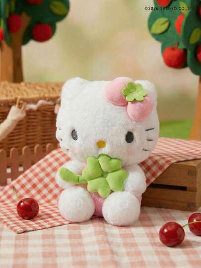 POKOJA LAND HELLO KITTY AND FRIENDS | Pluszowa zabawka Kotek z zieloną, przynoszącą szczęście czterolistną koniczyną, urocze pluszowe zwierzątko z poliestru, miniaturowa maskotka, idealna na urodziny dziewczynek, Święta Dziękczynienia, Wielkanoc i przyjęcie, dekoracja sofy i łóżka