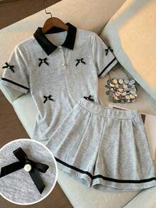 SHEIN 2件套少女休闲时尚黑灰撞色Polo领短袖针织蝴蝶结装饰T恤和短裤套装 - 彩色 - 查看 1