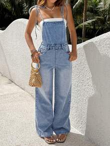 Rivivi Bộ áo liền quần denim dáng rộng, thời trang thường ngày cho nữ, áo liền quần denim cho nữ, trang phục đi nghỉ mát. - Rửa trung bình - Xem 4