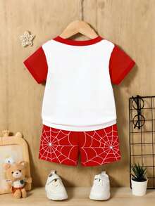 2件套男婴舒适休闲可爱卡通图案短袖T恤和短裤套装，幼儿男童上衣，男童套装，男童服装，婴幼儿服装，春夏款，夏季百搭，适合拍照、日常穿着、外出、度假、送礼 - 彩色 - 查看 7