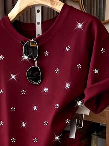 Set de top de manga corta con cuello redondo y shorts con decoración de rhinestones brillantes, regalo para amigos - Burdeos - Ver 5