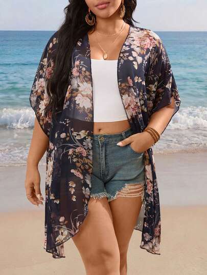 EMERY ROSE Fashionable Casual Vacation Floral Print Chiffon Lightweight Cardigan Sunscreen Shirt
