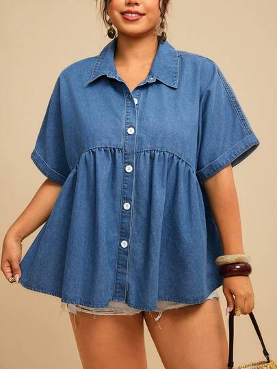 Travachic 大码夏季休闲前扣宽松短袖牛仔衬衫