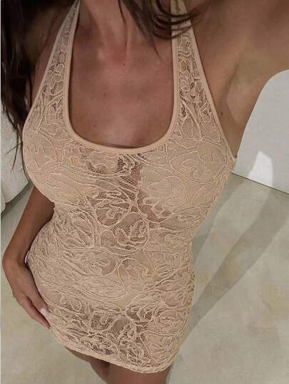 Swim Chiccia 女士度假沙滩纯色蕾丝露背吊带修身迷你罩衫连衣裙