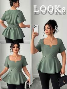 Elenzga Áo sơ mi nữ cỡ lớn thanh lịch, thường ngày, tay ngắn, cổ vuông, đa năng, màu xanh bạc hà, thích hợp cho mùa xuân/hè. - Màu xanh Ô liu - Xem 8