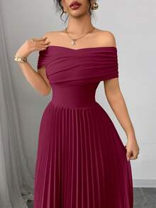 Elenzga Đầm trơn màu trơn, xếp ly, trễ vai dành cho nữ - Màu Đỏ Sâu - Xem 3