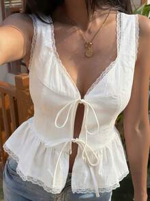 Strévra Damen Sommer Strand Party Urlaub ärmelloses Top, V-Ausschnitt Baumwolle Spitze Patchwork mit geraffter Taille - Weiss - Übersicht 7