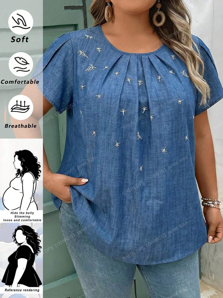 SHEIN CURVE+ 尺码 US22 适合音乐节、海滨度假、波西米亚风的加大码牛仔蓝印花西部风女装短袖衬衫，夏季女装，波西米亚风度假装，刺绣女式衬衫 - 藍色 - 查看 1