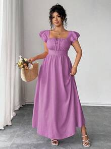 Elenzga Đầm nữ cỡ lớn cổ vuông, tay bồng xếp lớp, thắt nơ trước sau, kiểu dáng thanh lịch, ôm eo, thường ngày. - Màu tím - Xem 5