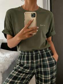Loose Letter Print T-Shirt And Plaid Pants Home Outfit Set Pajama - Army Green - View 4
