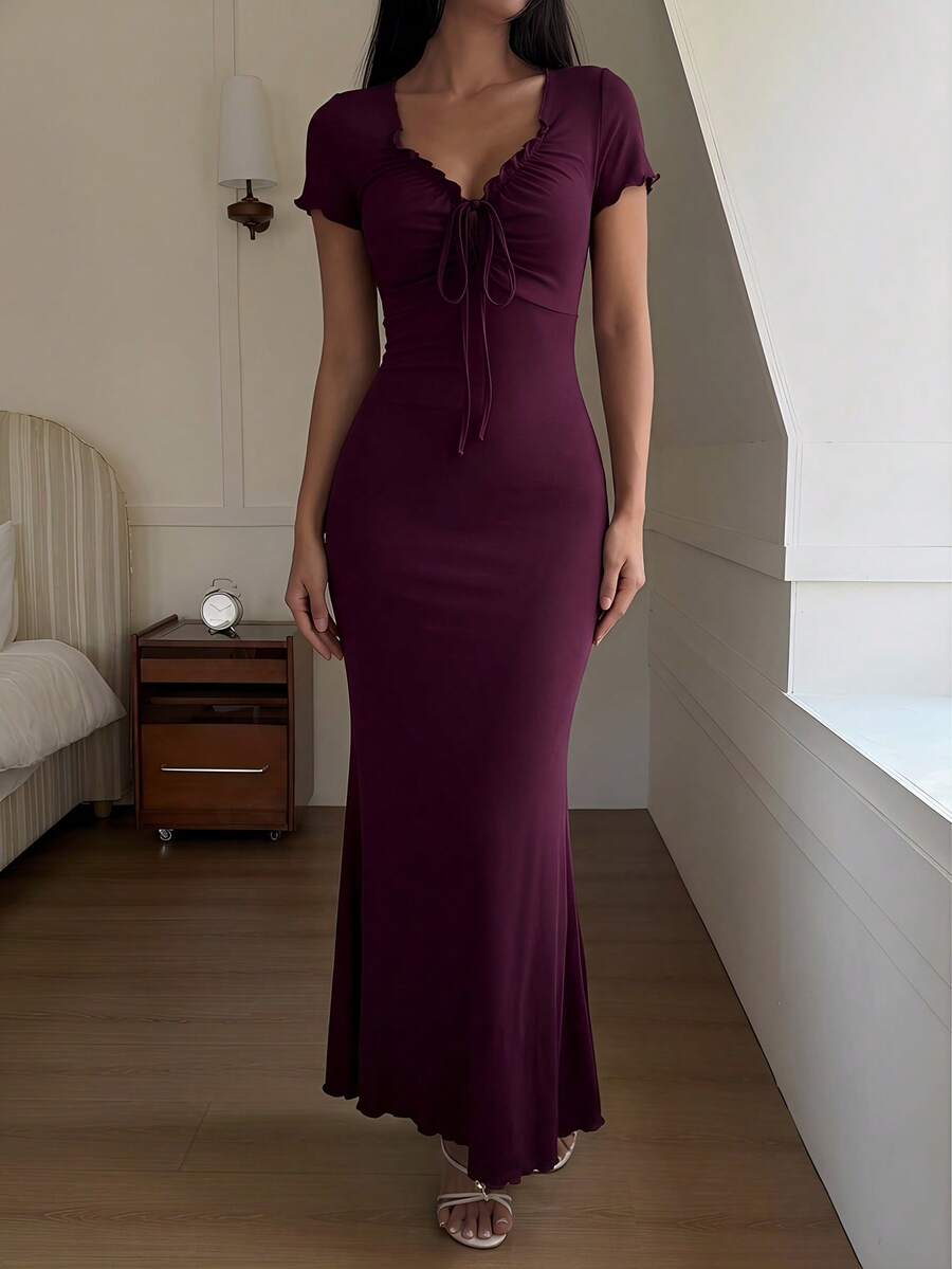 Ruffled Collar Tie-Up Bodycon Casual Dress For Women Pajama - Burgundy - View 1