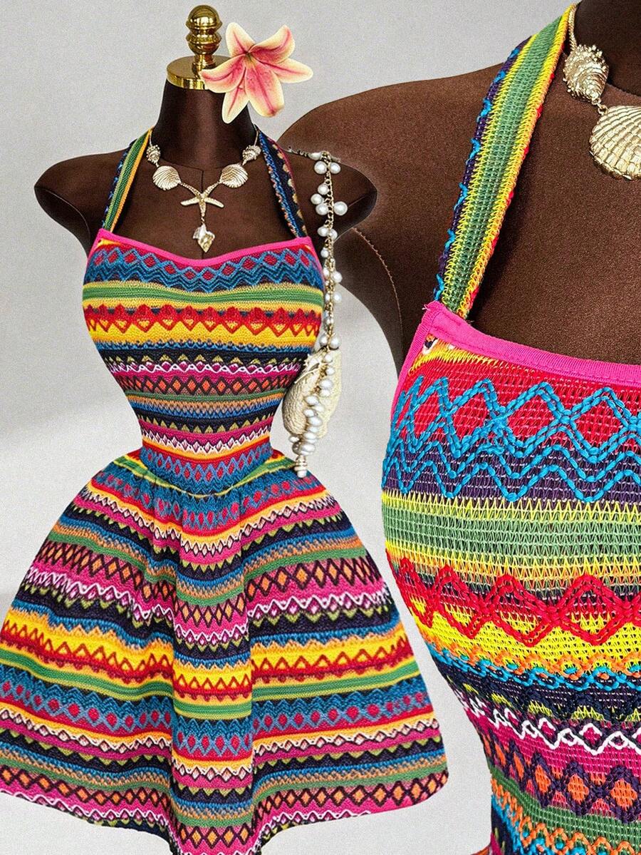Sunspun Plus Size Spaghetti Strap Sexy Tropical Backless Dress - Multicolor - View 1