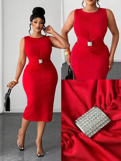 Maweii Plus Size Women's New Red Elastic Sleeveless Boat Neck Ruched Waist Metal Decor Button Mid-Length Dress