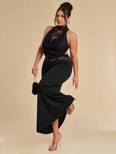 SHEIN BAE Plus Size Women Sexy Fitted Adjustable Strap Ruffle Hem A-Line Dress,Elegant Women's Black Halter Maxi Dress With Lace Bodice And Waist Detail For Evening Occasions
Sophisticated Black Lace Embellished Cowl Neck Halter Maxi Dress For Women Special Events
Women's Sexy Black Halter Maxi Dress Featuring Sheer Lace Details Perfect For Party Nights
