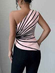 Elenzga Blusa de punto con estampado de rayas y hombro asimétrico para mujer, nueva para el verano - Rosa Pálido - Ver 2