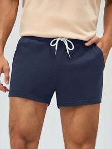 HIMLAND Solid Color Drawstring Pocket Casual Loose Knit Shorts, Versatile For Summer Daily Wear, Vacation, Father's Day Gifts - Navy Blue - View 6
