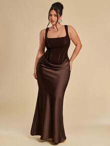 SHEIN BAE 优雅网纱缎带褶皱连衣裙，大码 - 棕色 - 查看 6