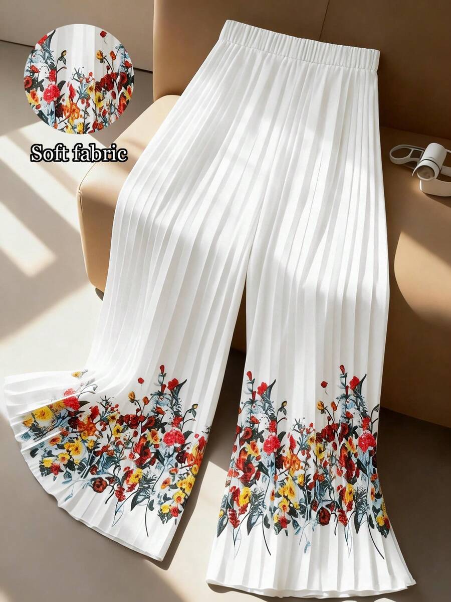 GlowEve CURVE Plus Size Women Floral Print Elastic Waist Pleated Wide Leg Loose Pants, Casual Vacation Style, Spring/Summer/Autumn - Apricot - View 1