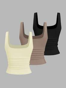 Sweetra Áo tank top cổ tròn xếp ly dáng rộng dành cho nữ, thích hợp mặc mùa hè. - Nhiều màu - Xem 2