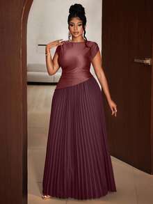 Maweii Plus Size Women Elegant Solid Color Pleated Round Neck Sleeveless Dress - Champagne - View 1