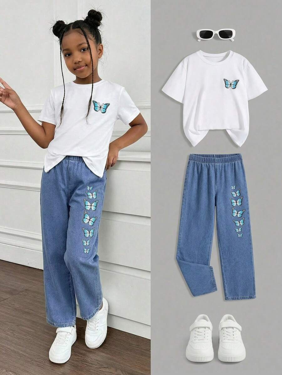 Sparklyn Tween Girls Y2K Style Vintage Light Wash Denim, Blue Butterfly Print, Relaxed Fit 2 Pieces Set, Soft & Comfortable Fabric, Versatile Daily Wear - Multicolor - View 1