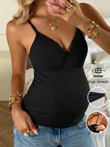 SHEIN Maternity Solid Color Contrast Lace Ribbed Camisole - Black - View 1
