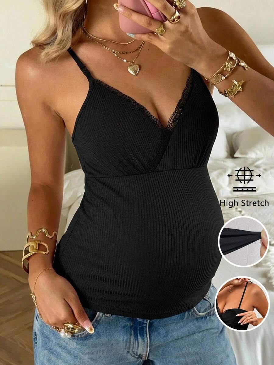 SHEIN Maternity Solid Color Contrast Lace Ribbed Camisole - Black - View 1