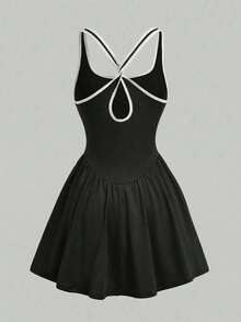 SHEIN Girlism Tween Girls' Casual Sports Contrast Color Criss-Cross Racerback Dress,Kids - Black and White - View 2